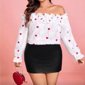 Luxe Plus Size White Off-Shoulder Embroidered Red Hearts Top Blouse Shirt